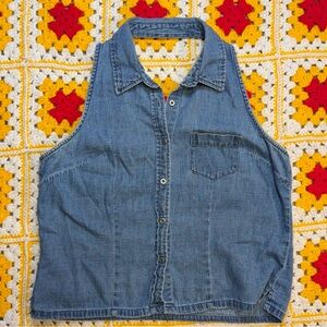 Vintage Sleeveless Cut-Out Denim Button-Up Top